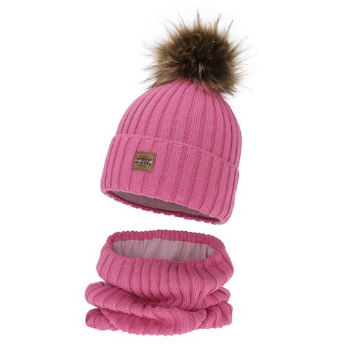 Flicka vinter set: mössa och tubhalsduk, rosa, fodrad med fleece, med merinull, Bellina