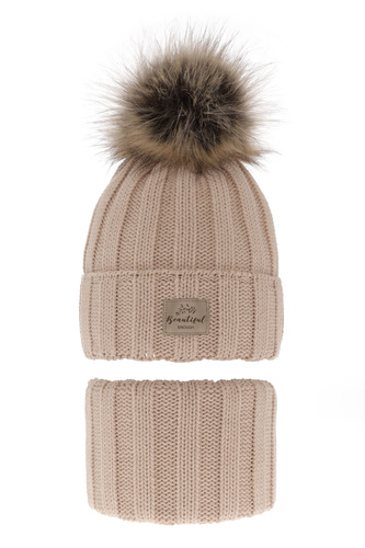 Flicka vinter set: mössa och tubhalsduk, beige, med pompom, Kaliope