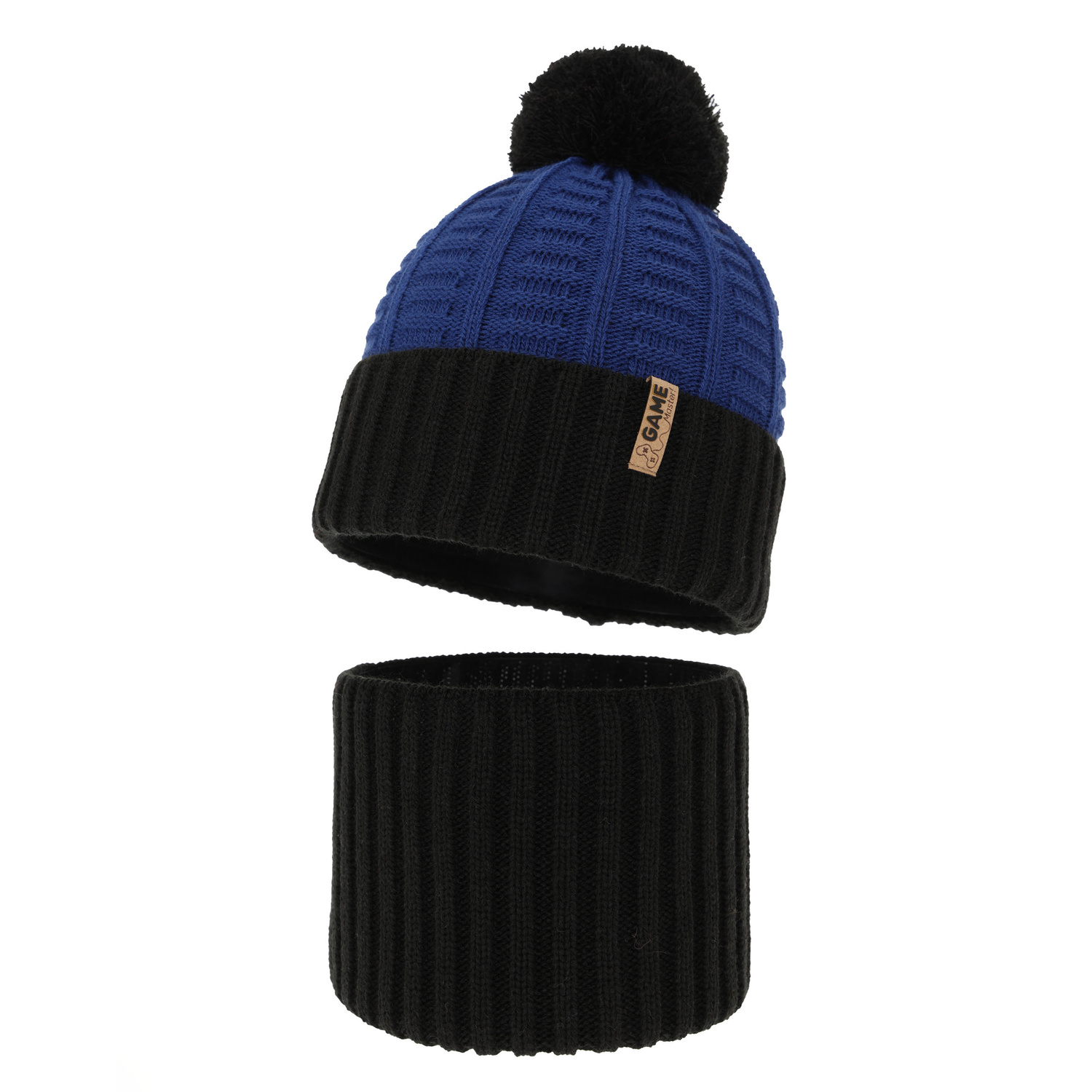 Pojke vinter set: mössa och halsduk, svart, med pompom, Leo