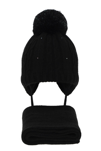 Flicka vinter set: mössa och halsduk, svart, med pompom, Candy