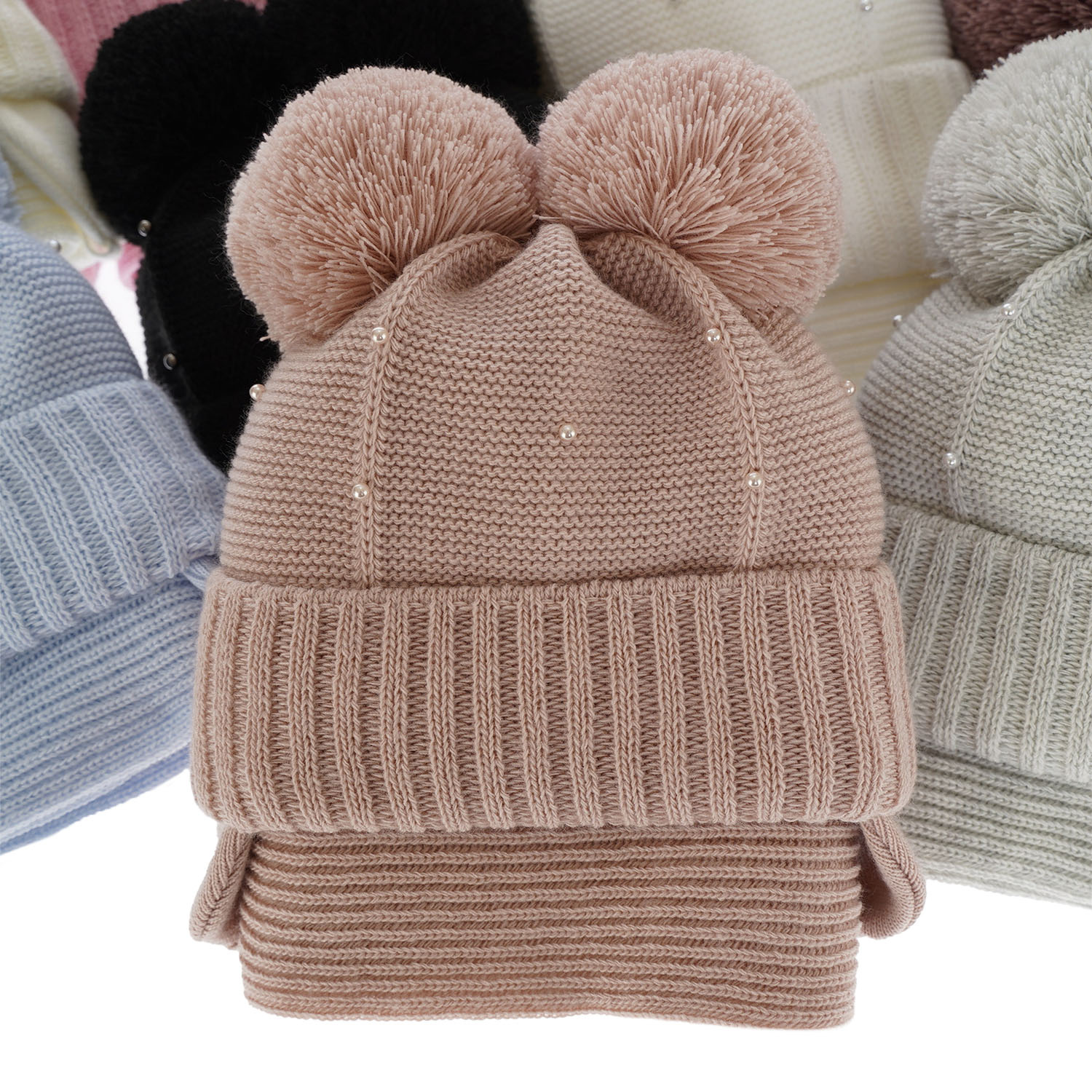Flicka vinter set: mössa och halsduk, rosa, med två pompommar, Fibien