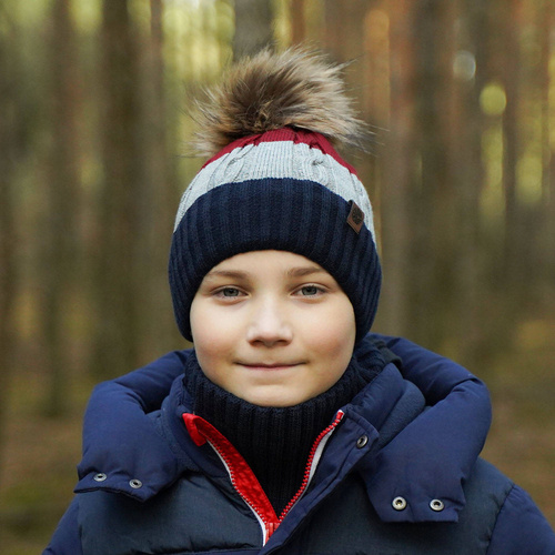 Pojke vinter set: mössa och tubhalsduk, grå, med pompom, Karmel