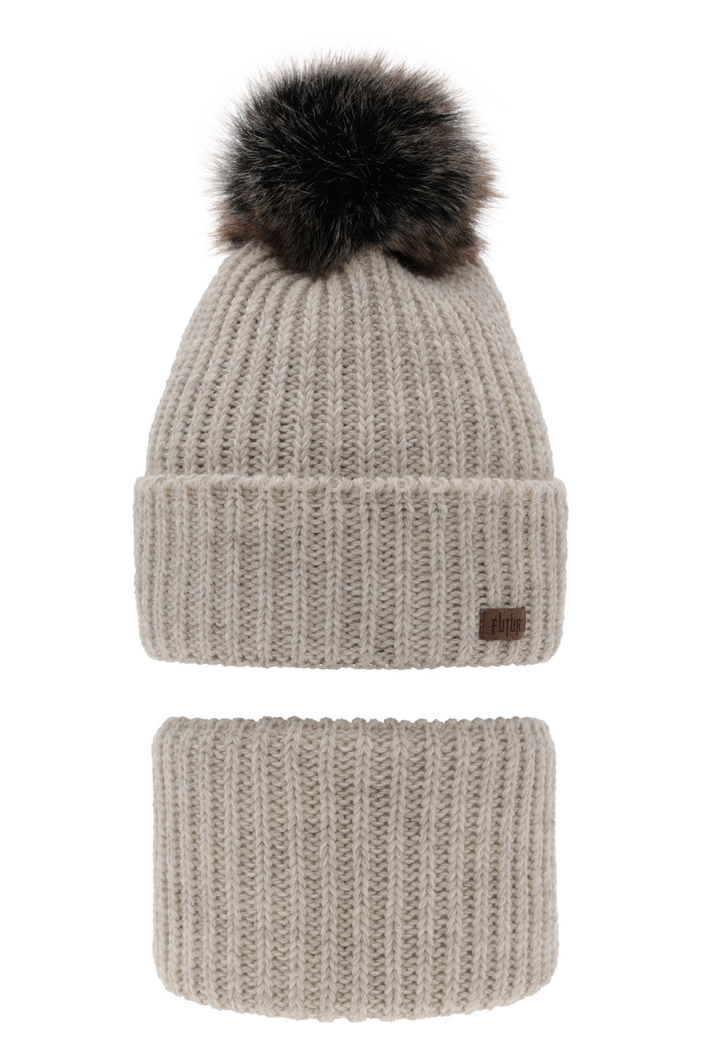 Pojke vinter set: mössa och halsduk, beige, med pompom, Wonder