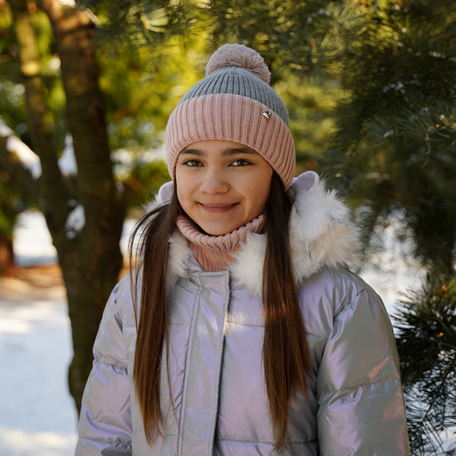 Flicka vinter set: mössa och tubhalsduk, camel, med pompom, Kolumbina