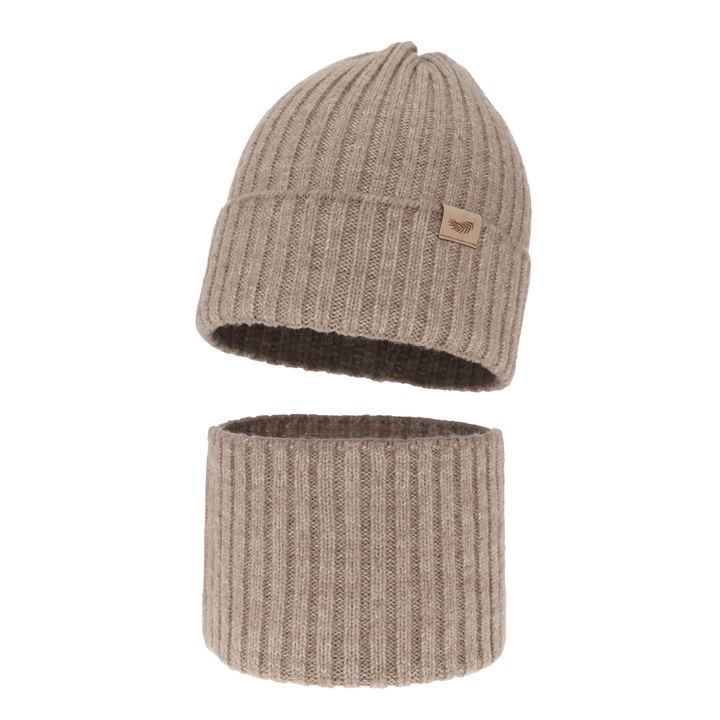 Flicka vinter set: mössa och halsduk, beige, med merinull, Karmina