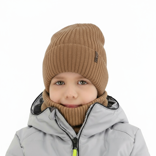 Pojke vinter set: mössa och halsduk, camel, 100% Merino Ull, Gizmo