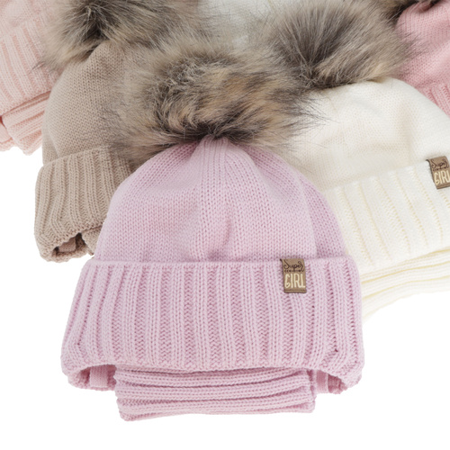 Flicka vinter set: mössa och tubhalsduk, kremowy, med pompom, Primula