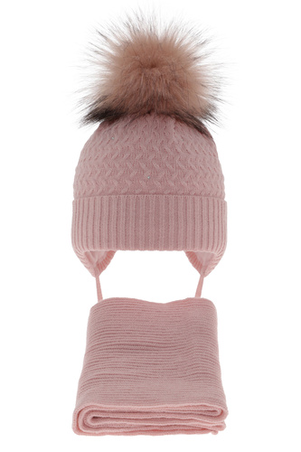 Flicka vinter set: mössa och halsduk, rosa, med pompom, med knytband, Zelta