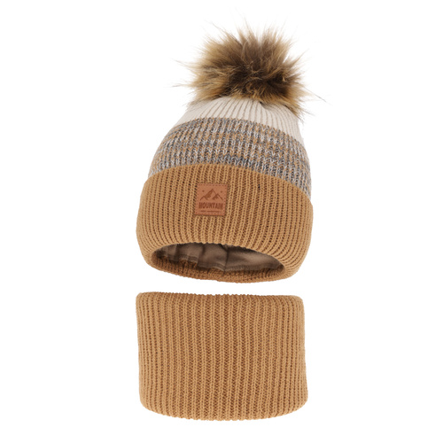 Pojke vinter set: mössa och halsduk, camel, med pompom, Buffalo