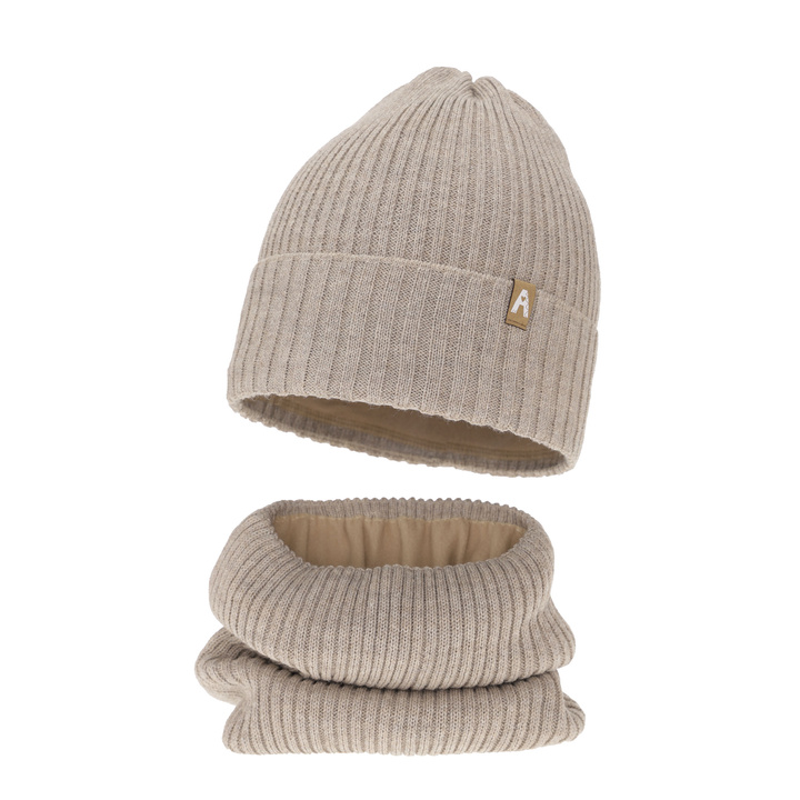 Flicka vinter set: mössa och tubhalsduk, beige, med merinull, fodrad med fleece, Peggy