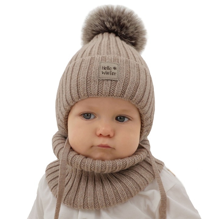 Pojke vinter set: mössa och tubhalsduk, beige, 100% Merino Ull, fodrad med bomull, Morti