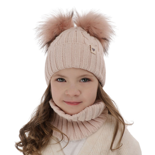 Flicka vinter set: mössa och halsduk, rosa, med två pompommar, Amala