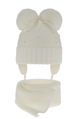 Flicka vinter set: mössa och halsduk, krem, med två pompommar, Fibien