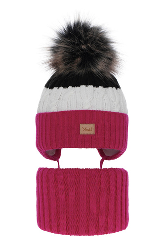 Flicka vinter set: mössa och tubhalsduk, rosa, med pompom, Riviera