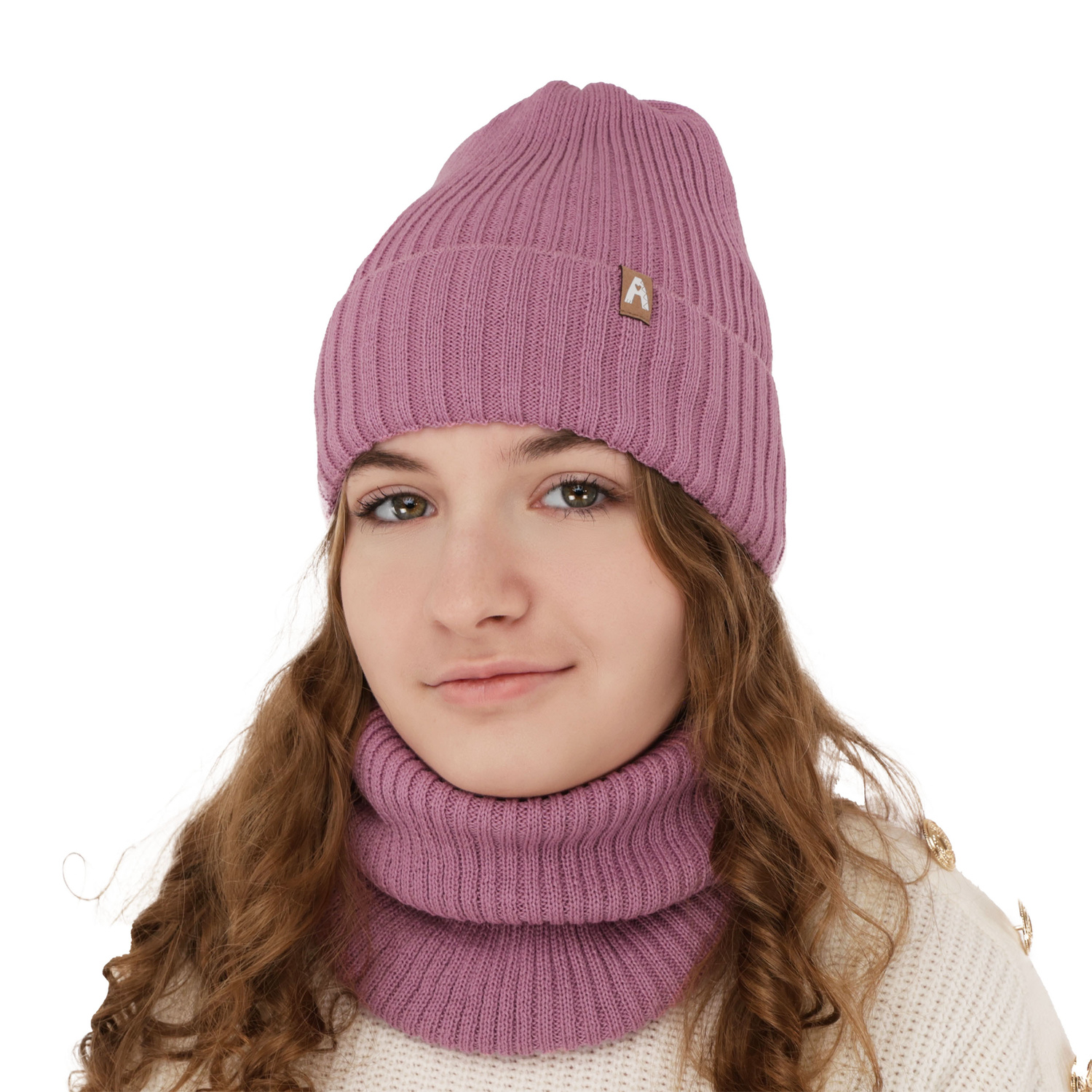 Flicka vinter set: mössa och halsduk, ljusbeige, med merinull, fodrad med fleece, Peggy
