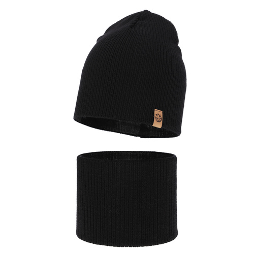 Pojke höst/vår set: mössa och tubhalsduk, svart, 100% Merino Ull, Richi