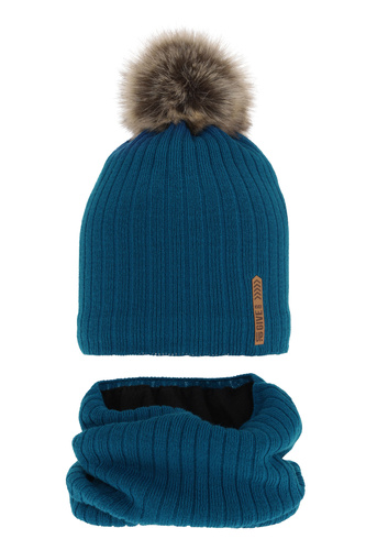 Pojke vinter set: mössa och tubhalsduk, blå, med pompom, fodrad med fleece, Kalen