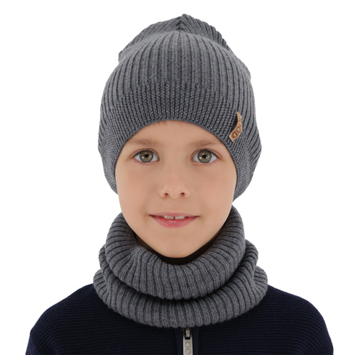Pojke höst/vår set: mössa och tubhalsduk, grå, 100% Merino Ull, Chester