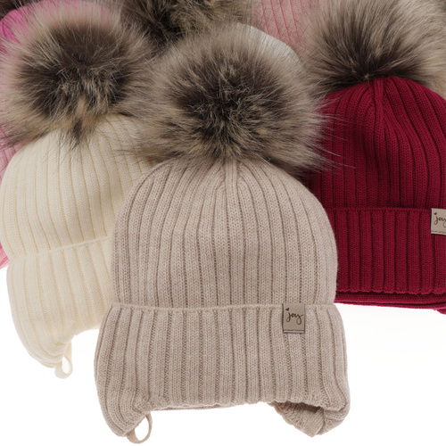 Flicka vinter set: mössa och tubhalsduk, ljusrosa, med knytband, 100% Merino Ull, med pompom, Junika