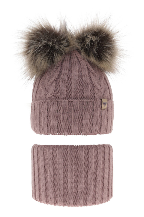 Flicka vinter set: mössa och tubhalsduk, lavendel, med två pompommar, Amala