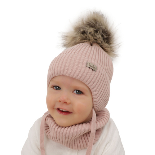 Flicka vinter set: mössa och tubhalsduk, kremowy, med knytband, med pompom, Bria