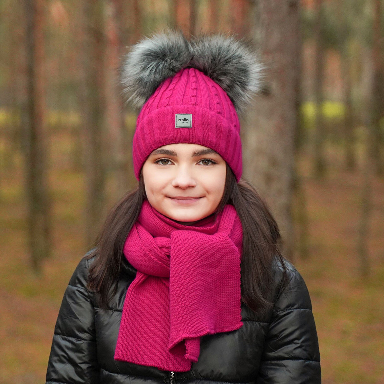 Flicka vinter set: mössa och halsduk, rosa, med två pompommar, Zenda