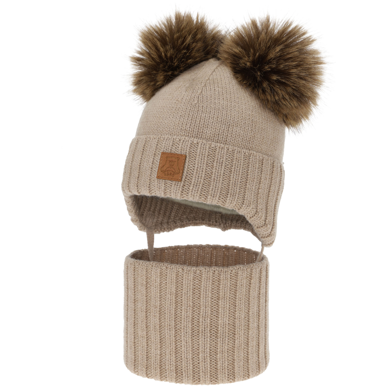Pojke mössa och tubscarf, vinter set, beige, 100% merinull, fodrad med ullfleece, Ronik