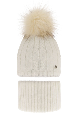 Flicka vinter set: mössa och tubhalsduk, creme, med pompom, Amaltea