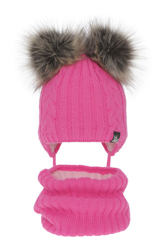 Flicka vinter set: mössa och halsduk, rosa, med två pompommar, knytband, Marlen