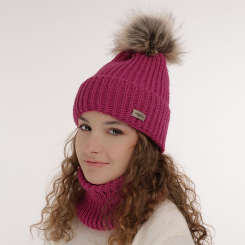 Flicka vinter set: mössa och halsduk, rosa, med pompom, Willow