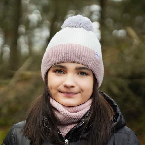 Flicka vinter set: mössa och halsduk, rosa, med pompom, Rosalin