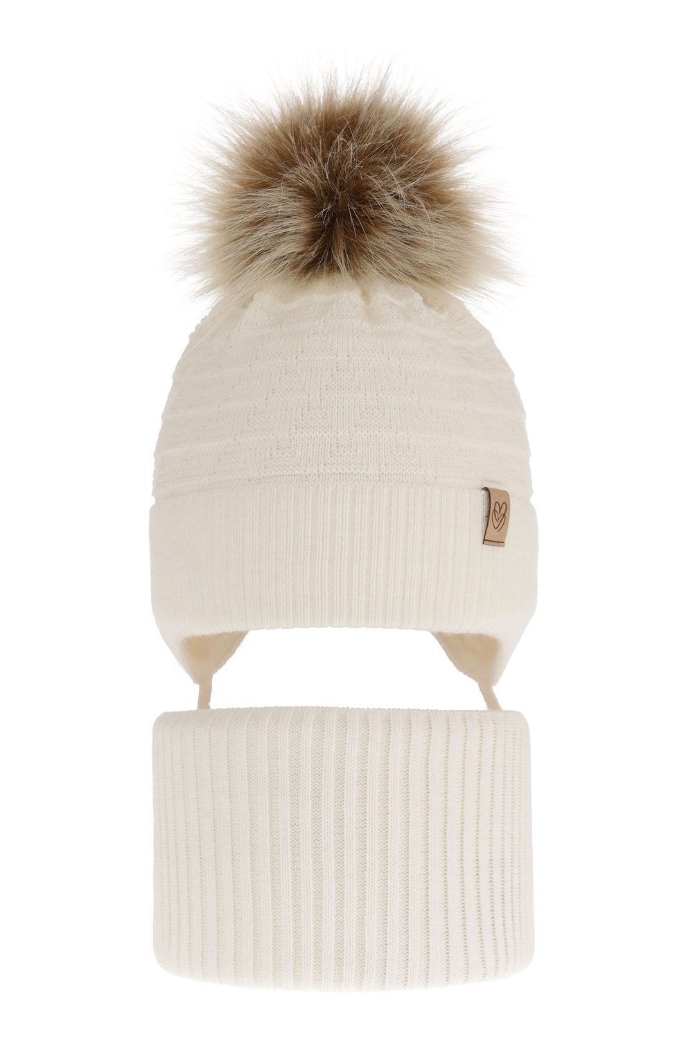 Flicka vinter set: mössa och halsduk, kremowy, med pompom, Egeria