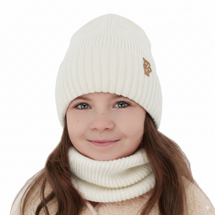 Flicka vinter set: mössa och halsduk, vit, 100% Merino Ull, Nelita