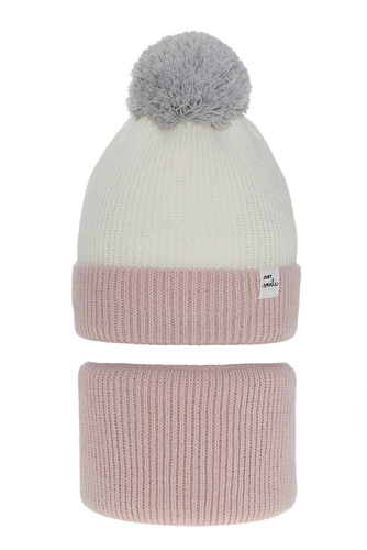 Flicka vinter set: mössa och halsduk, rosa, med pompom, Rosalin