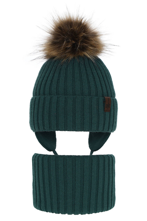 Pojke vinter set: mössa och tubhalsduk, grön, med pompom, Puzel