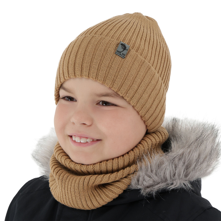 Pojke vinter set: mössa och tubhalsduk, camel, med merinull, fodrad med fleece, Gecko