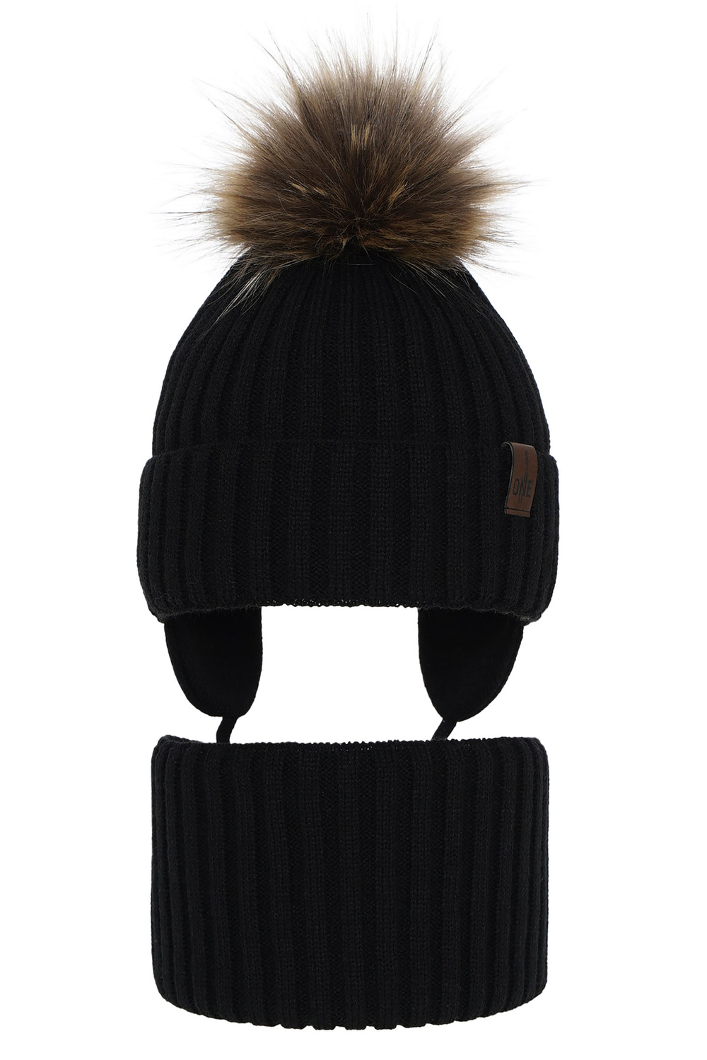Pojke vinter set: mössa och tubhalsduk, svart, med pompom, med knytband, Puzel