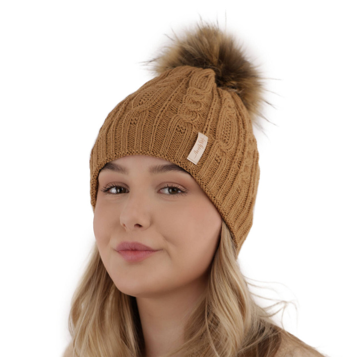 Dam vintermössa, camel, med pompom, Mirka