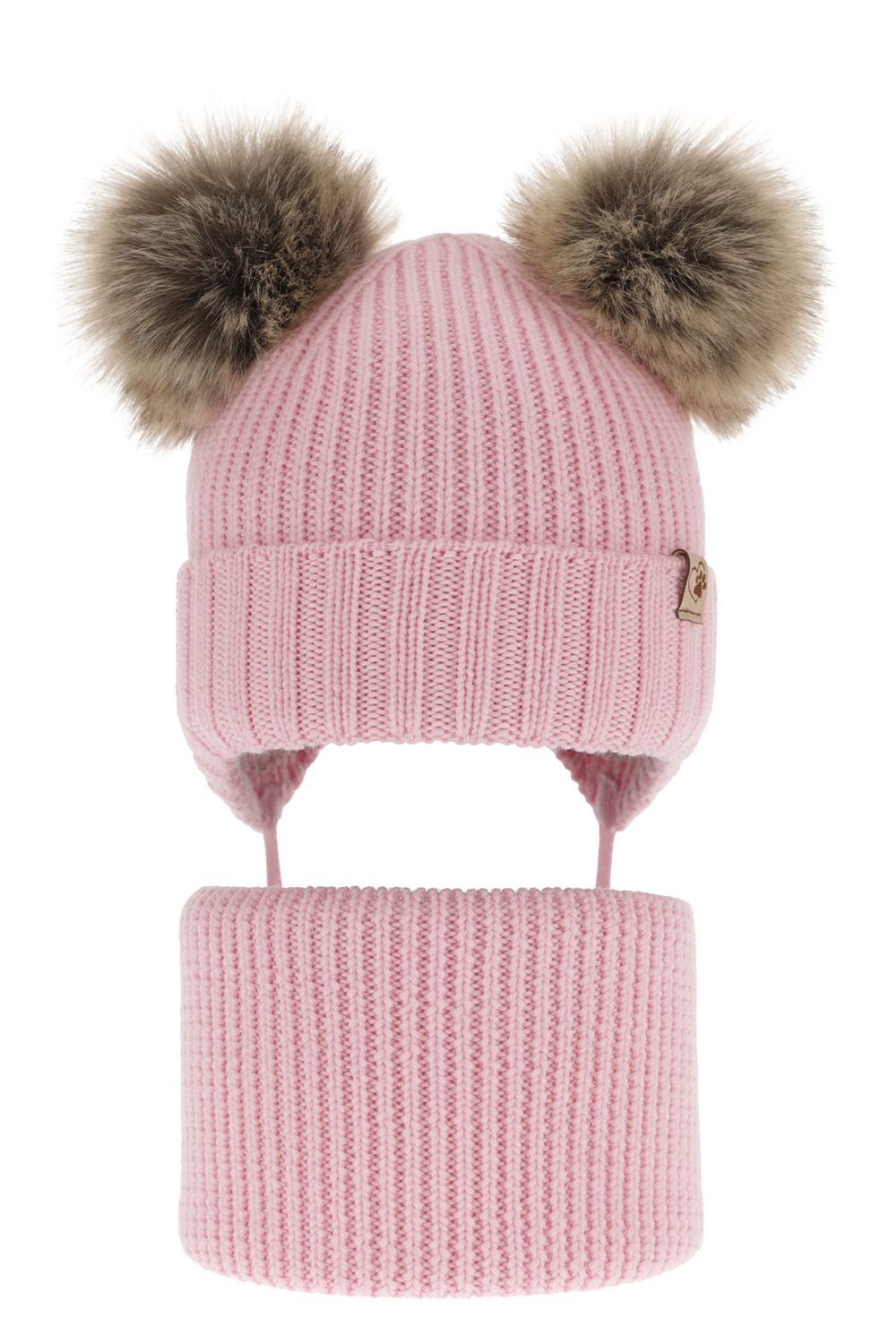 Flicka vinter set: mössa och halsduk, rosa, med två pompommar, wiązany Silvia