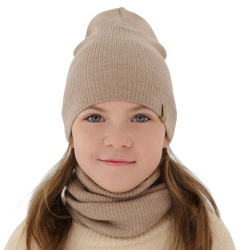 Flicka höst/vår set: mössa och tubhalsduk, beige, 100% Merino Ull, Ricona