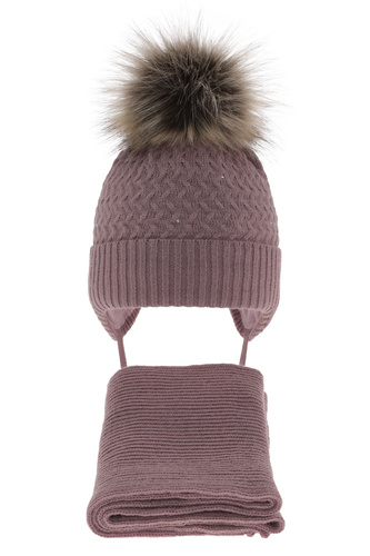 Flicka vinter set: mössa och halsduk, lila, med pompom, med knytband, Zelta