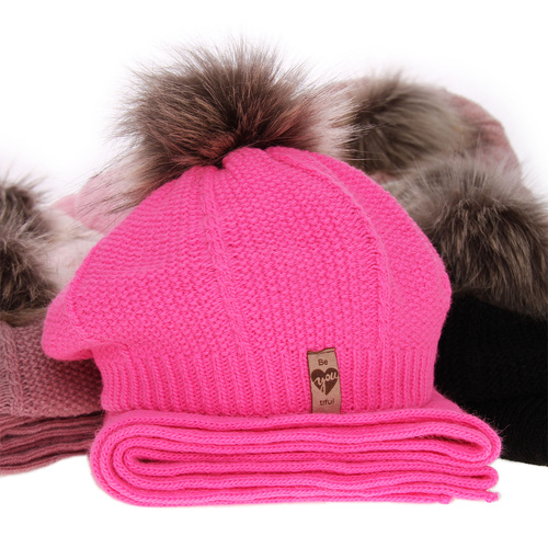 Flicka vinter set: beret och halsduk, rosa, med pompom, Elif