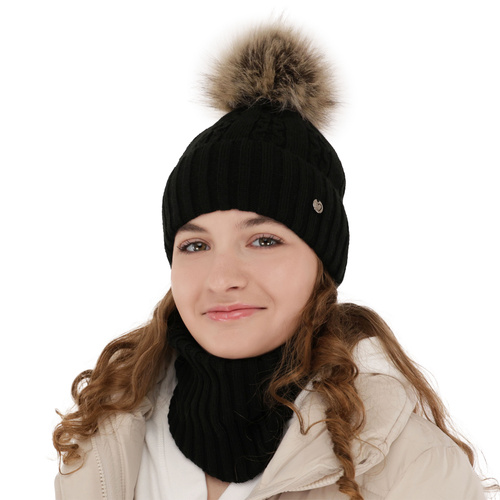 Flicka vinter set: mössa och tubhalsduk, rosa, med pompom, Felia