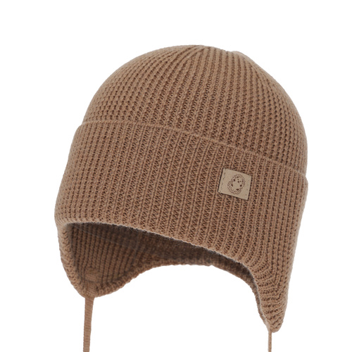 Pojke höst/vår mössa, 100% Merino Ull, Med knytband, camel, Bakadi