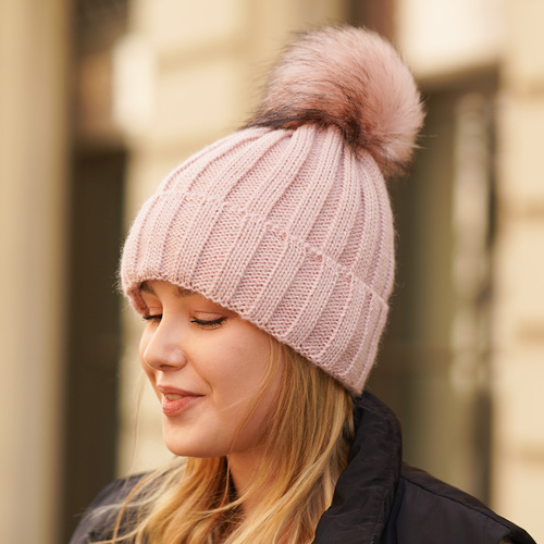 Dam vintermössa, rosa, med pompom, Mokka