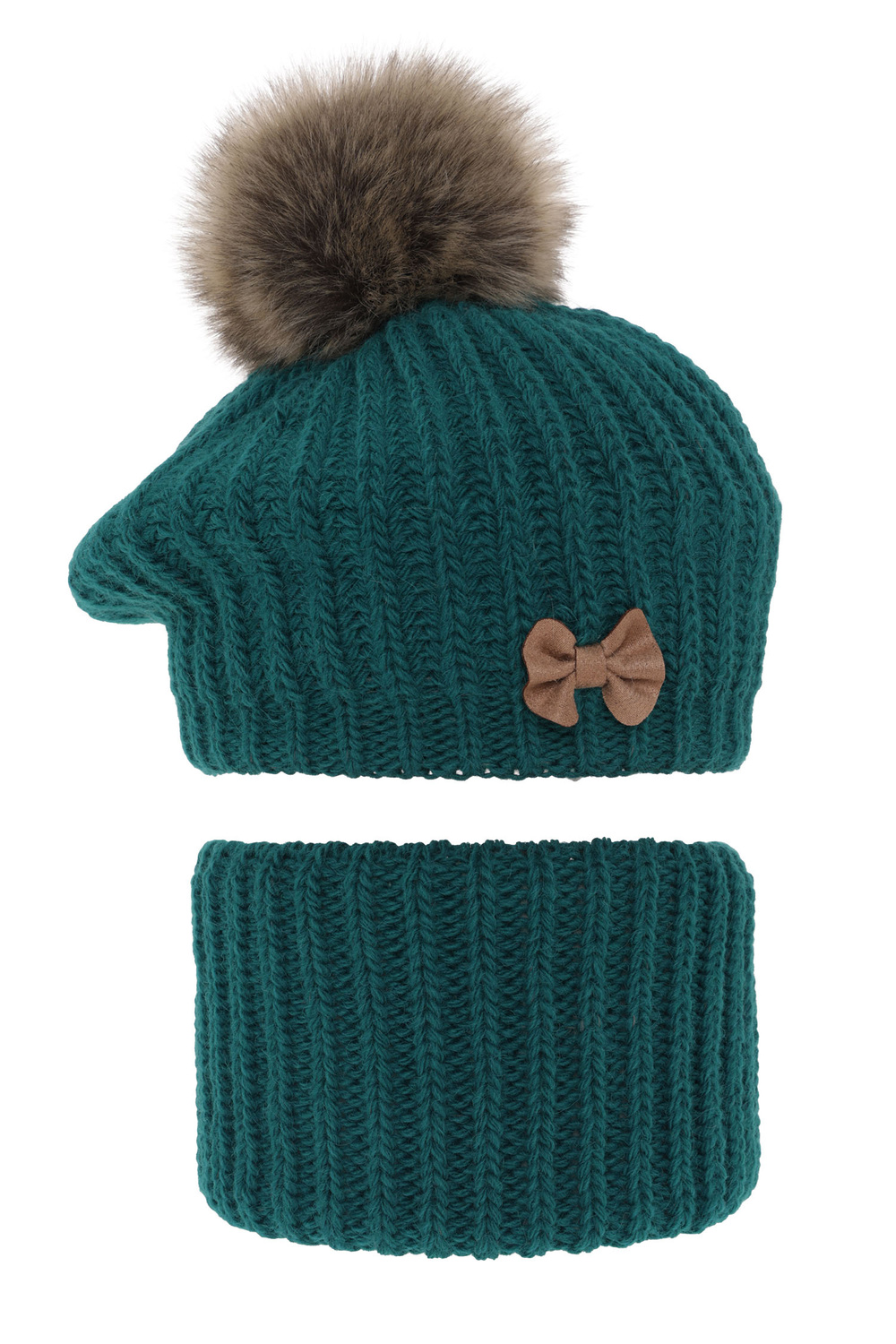 Flicka vinter set: mössa och halsduk, smaragdgrön, med pompom, Polinezja