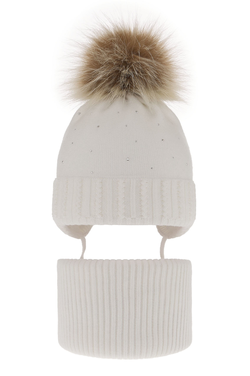 Flicka vinter set: mössa och tubhalsduk, vit, med pompom, Renia
