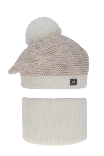 Flicka vinter set: mössa och halsduk, beige, med pompom, Lira