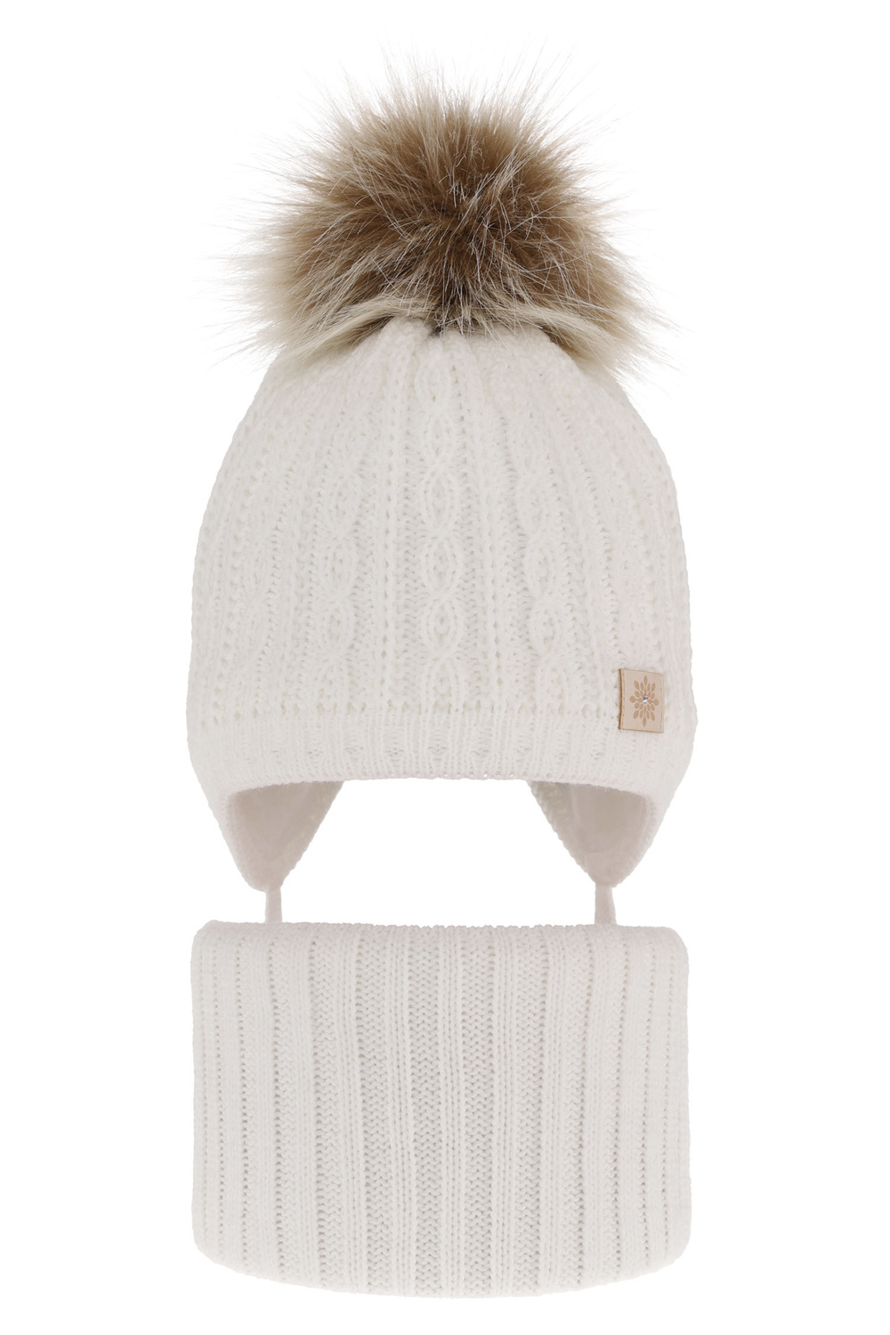 Flicka vinter set: mössa och tubhalsduk, vit, med pompom, Passa
