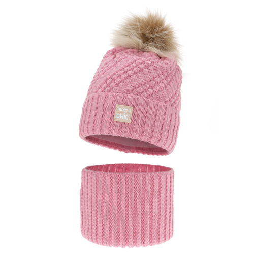 Flicka vinter set: mössa och tubhalsduk, rosa, med pompom, Alena